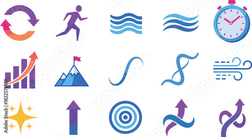 Collection of icons representing progress, goals, health, and success