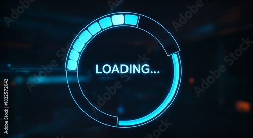 Innovative loading bar concept. A holographic circular progress bar fills with light, with the word 