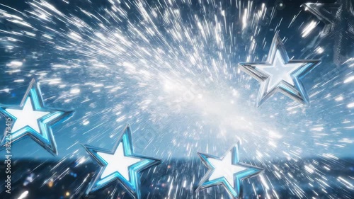 A celestial scene with shimmering stars against a dynamic blue background with streaks