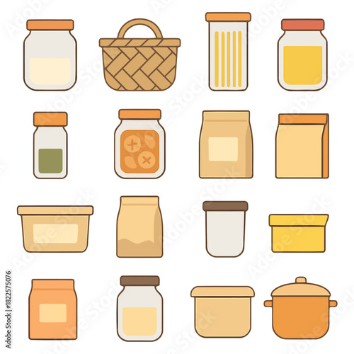 Assortment of Pantry Essentials: A curated collection of meticulously illustrated pantry staples, featuring various containers, jars, and baskets.