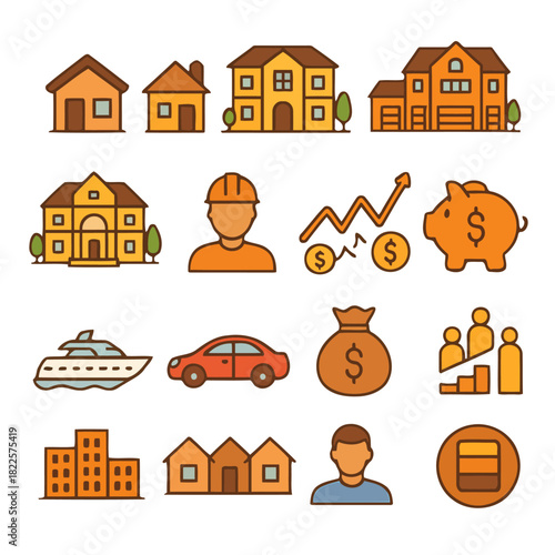 Property and Financials: A collection of various property types and financial icons, suitable for illustrating investment concepts and wealth management.