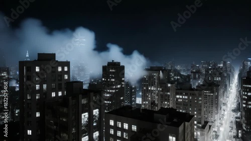 Night cityscape with glowing buildings, obscured by misty clouds. A long street is lit