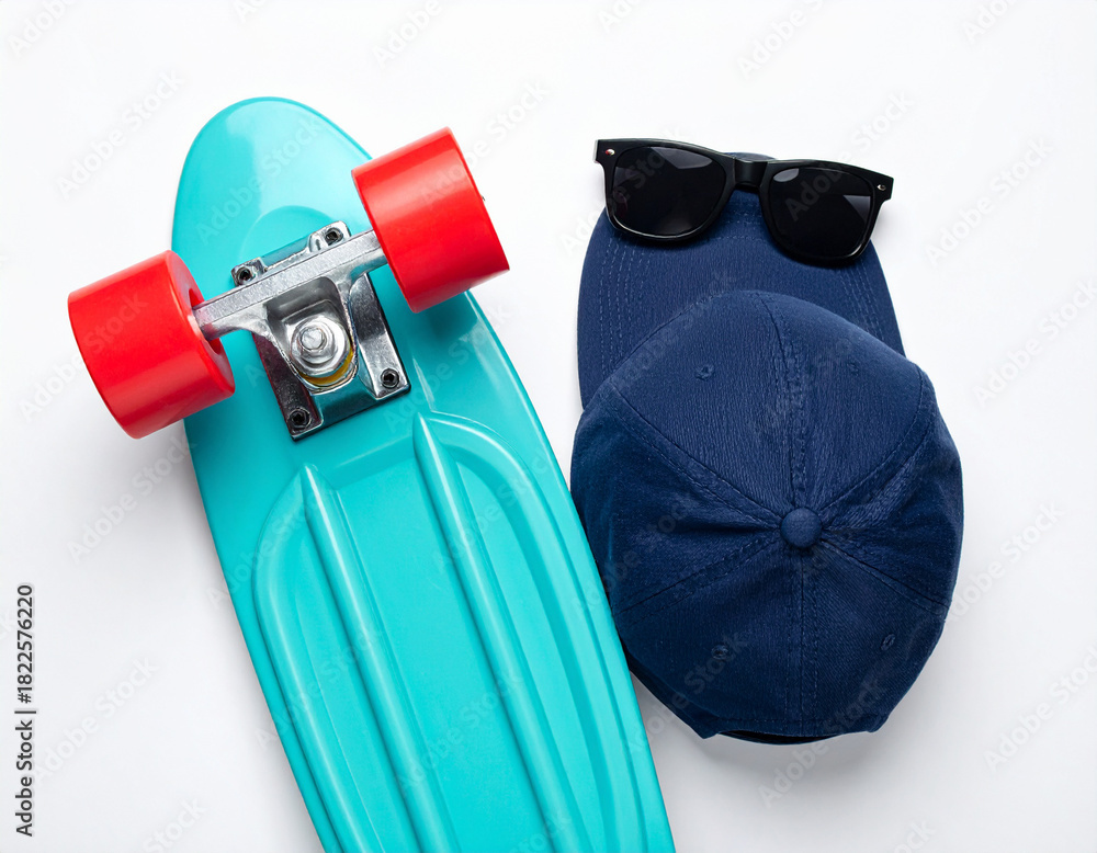 Naklejka premium Vibrant Still Life - Turquoise Skateboard, Red Wheels, Navy Cap, Black Sunglasses on White.