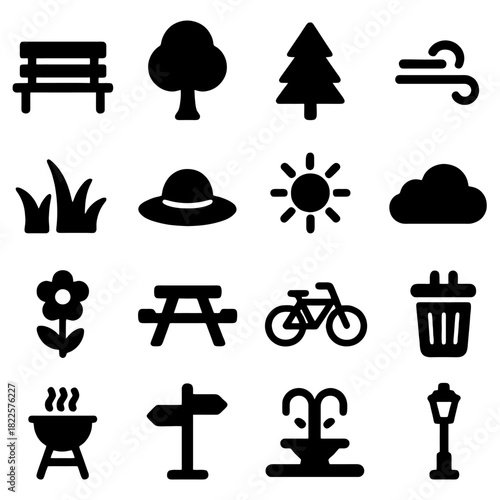 Park Elements Icon Collection: A comprehensive collection of iconic symbols representing various elements found in a park, offering a versatile visual resource for design projects.