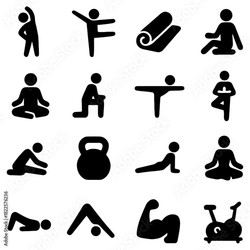 Fitness Icon Set: Diverse illustrations capture a variety of fitness exercises, from stretching and yoga to weight training and cycling, promoting health and wellness.