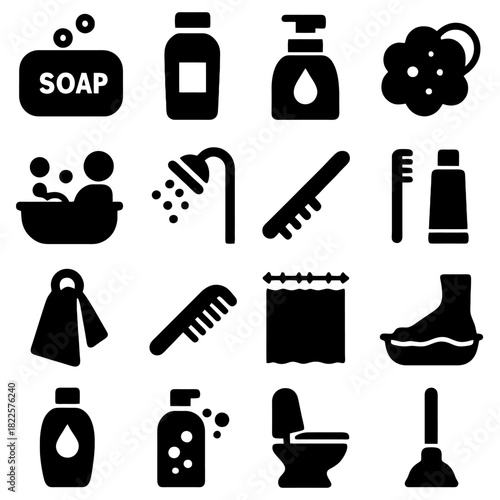 Essential Bathroom Icons: A collection of clean and simple icons, representing the essential elements of a bathroom and its accessories, providing a clear visual guide.