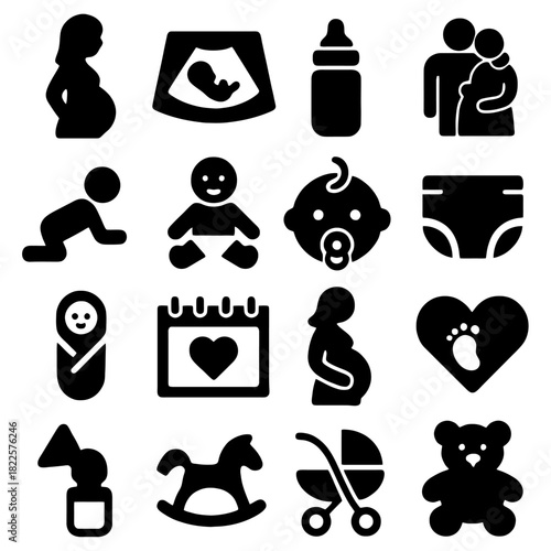 Newborn Icon Set: A collection of meticulously designed icons that capture the essence of new life, symbolizing the joy and anticipation associated with welcoming a new baby.