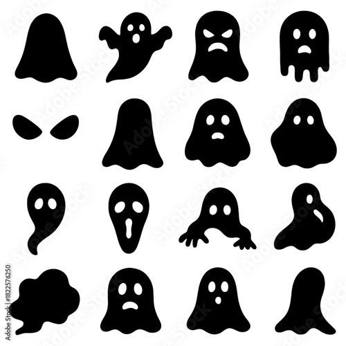 Spooky Specters: A collection of various ghost figures in a Halloween design concept, perfect for seasonal designs.