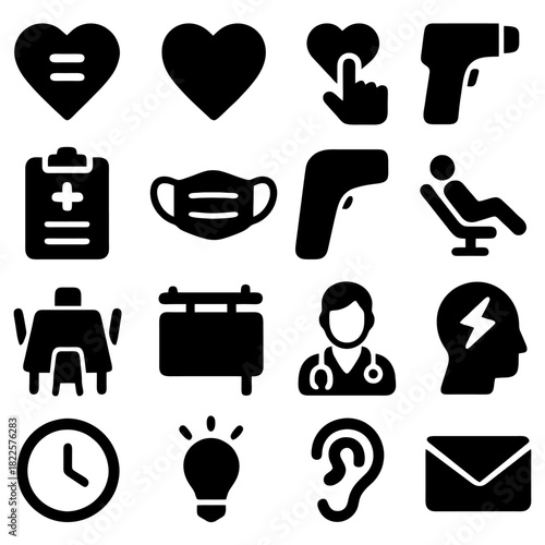 Medical Icons Set: A comprehensive collection of modern medical icons, thoughtfully designed to represent health, healthcare, and medical concepts. This set includes an array of essential symbols.