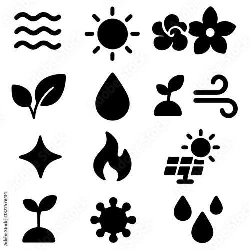Eco-System Icons: A diverse collection of minimalist icons represent various facets of the natural world, symbolizing key elements.