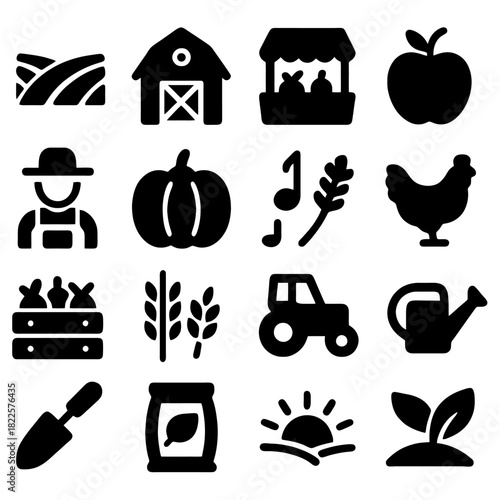 Farm-related Icons: A collection of various icons representing the agricultural theme, featuring the farm, crops, and rural setting elements. 