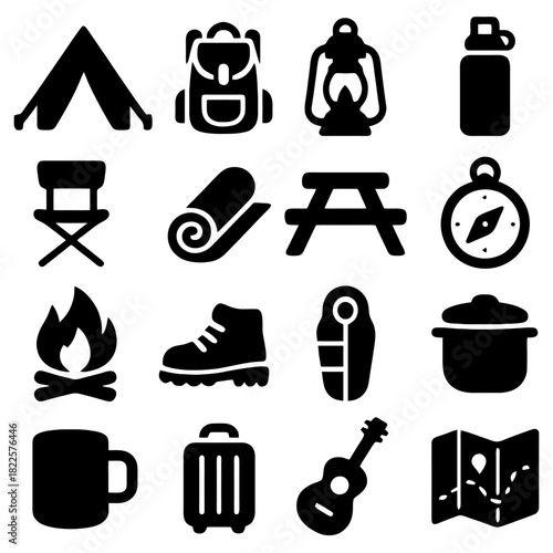 Camping and Adventure Icons: A collection of meticulously crafted camping and adventure icons, perfect for illustrating outdoor exploration, wilderness journeys, and the thrill of discovery.