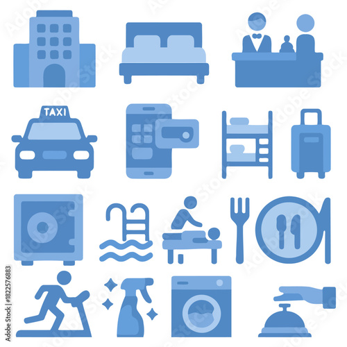 Hotel Icons Illustration: A collection of blue icons, vividly representing the various amenities and services offered by a hotel, ensuring a welcoming environment and service