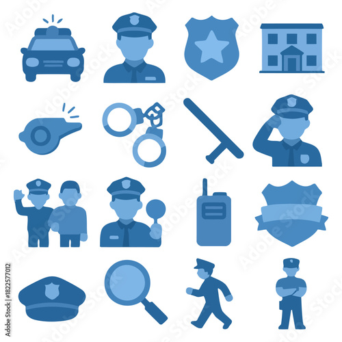 Police Icon Collection: A set of stylized police icons, showcasing various elements of law enforcement, from vehicles and officers to equipment and symbols.