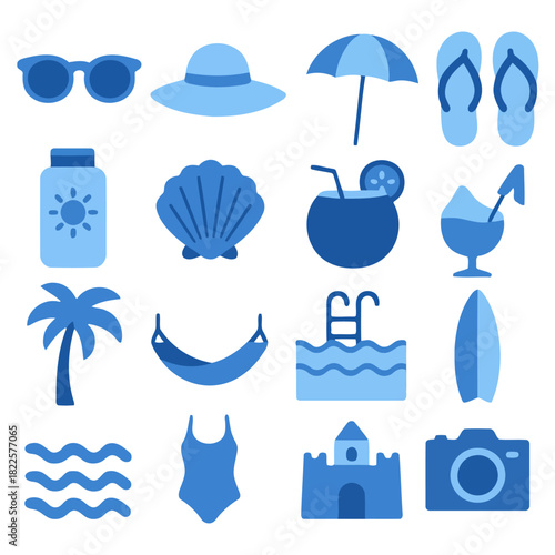 Summer Essentials: A vibrant collection of summertime icons, encompassing sunglasses, sun hat, umbrella, flip-flops, sunscreen, seashell, cocktail, palm tree, hammock, swimming pool, surfboard, waves.