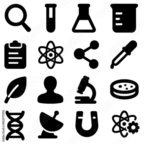 Science and Discovery: A set of essential science icons representing key concepts and tools for research, exploration, and the pursuit of knowledge.
