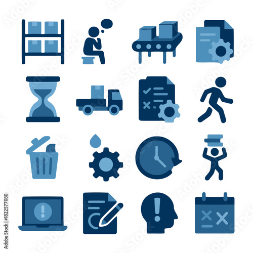 Icons representing business or work-related concepts: A collection of stylized icons encapsulates various aspects of business, encompassing project management, logistics, and planning.