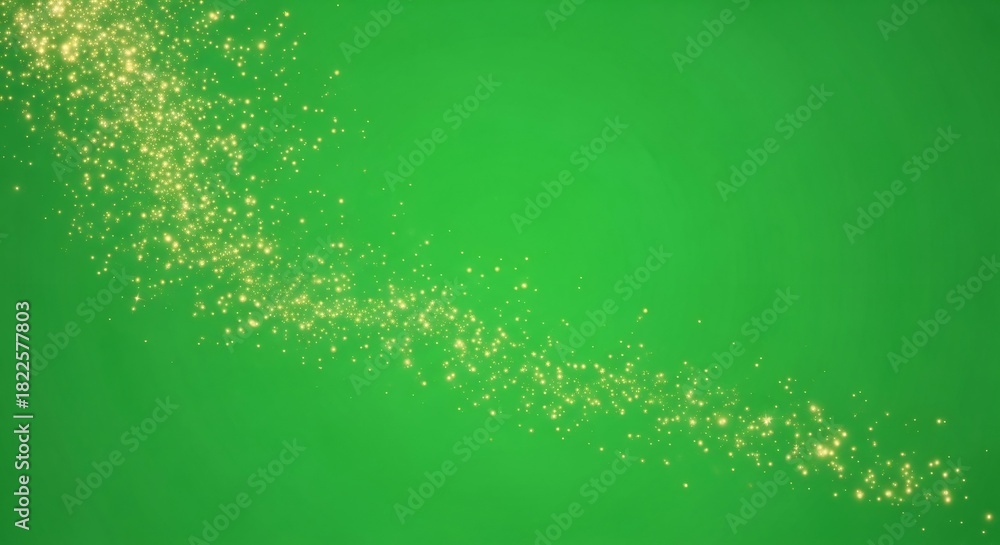 Obraz premium Golden flying particles on green screen. Beautiful yellow light effect for chromakey video. Abstract shimmer dust on isolated background.