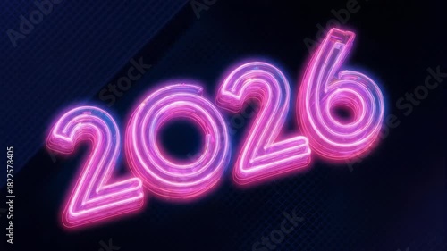 The year 2026 glows with neon tubing, set against a dark, textured background