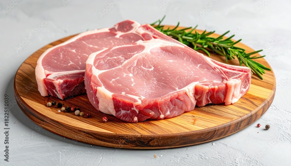 Fototapeta premium Fresh raw pork chops on a wooden cutting board, ready for cooking