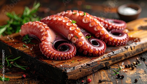 Close-up shot of grilled octopus tentacles on a wooden board. The dish is prepared with herbs, spices, and a sprinkle of salt.