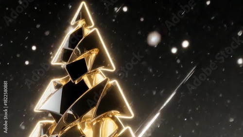 A stylized golden Christmas tree with glowing edges against a dark, snowy backdrop