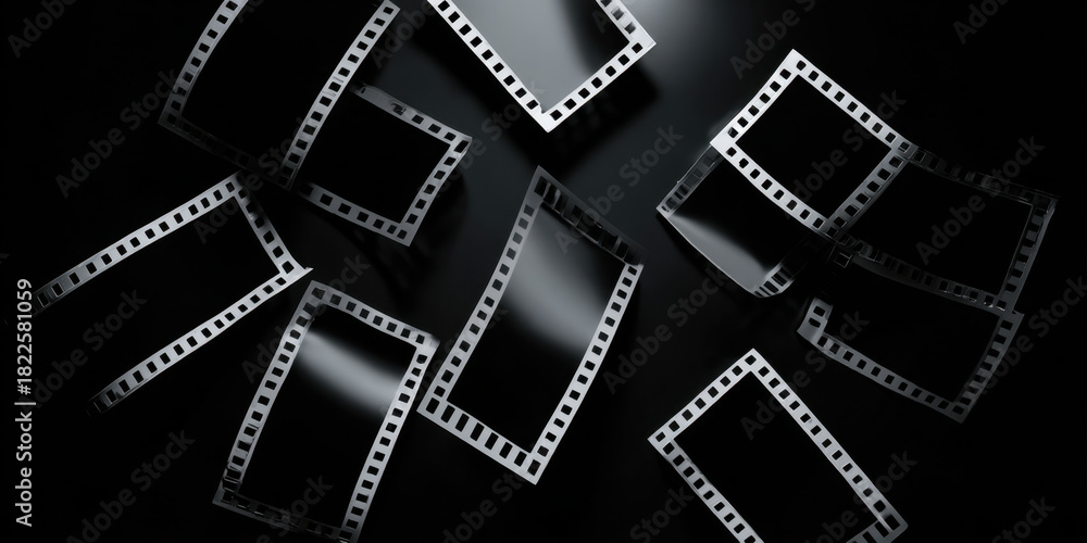 Obraz premium Dark glossy film strip frames scattered on black background with dramatic highlights and reflective texture conveying cinematic mood and vintage photography aesthetic