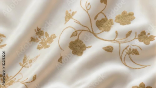 A cream-colored fabric with delicate floral gold embroidery, flowing in soft folds