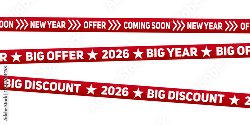 Three red ribbons with white text announce New Year offers, big discounts, and coming soon events for the year 2026. This imagery is suitable for promotions, sales, and holiday advertising vector