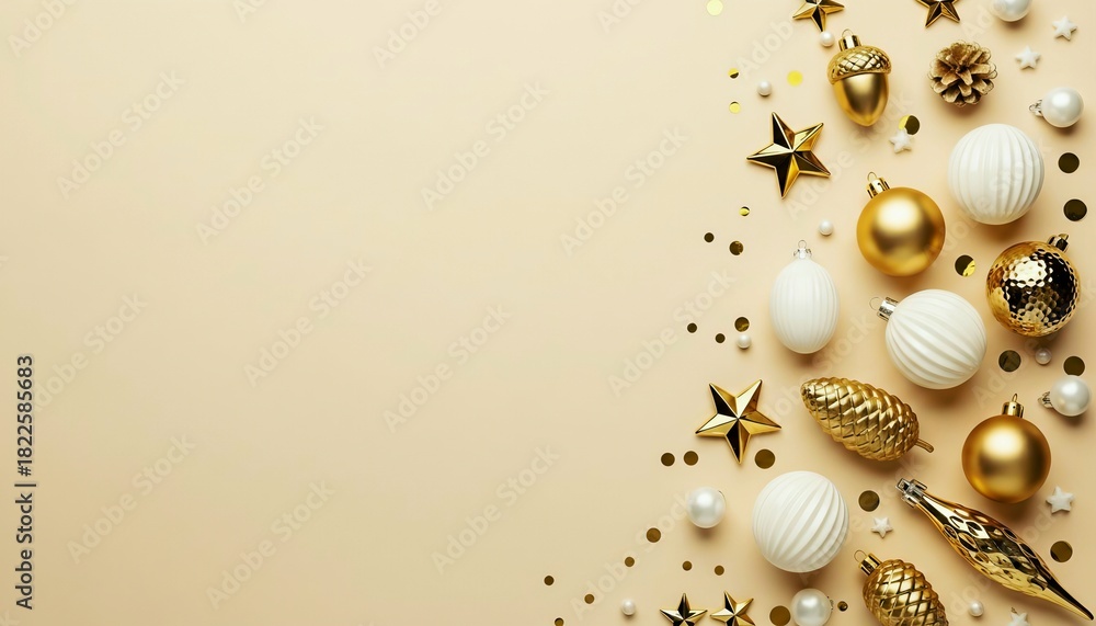 Fototapeta premium Elegant christmas and new years eve composition with golden and white festive ornaments, stars, pine cones, and sparkling confetti arranged on a light beige background, offering a beautiful space for 