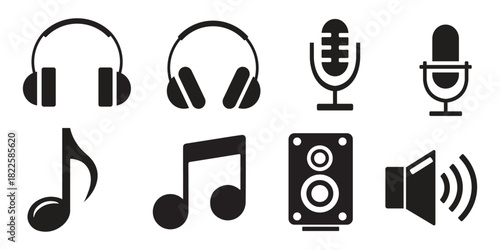 Music & Audio Icon Vector Set – Headphones, Microphones, Notes & Speakers Silhouettes for Sound & Media Design