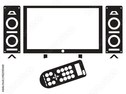 Home Theater Icon Vector Set – TV, Speakers & Remote Silhouettes for Entertainment & Electronics Design