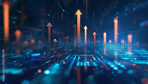 inside data digital arrow graph going up with stock market growth, blue gradient background, glowing highlights, dark blue color scheme	