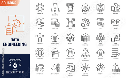 Data Engineering icon set. Editable stroke. Vector illustration