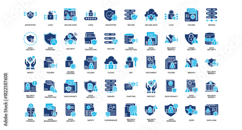 
Data protection icon set collection. Containing arrows, database, multimedia, networking, server, personal, management .Solid vector icons collection