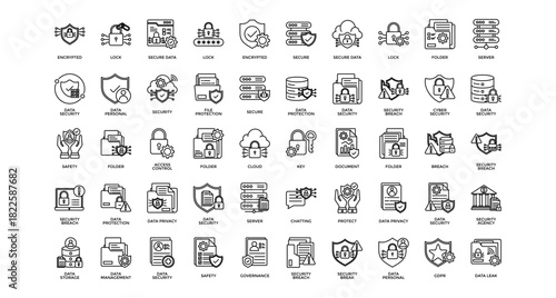 
Data protection icon set collection. Containing arrows, database, multimedia, networking, server, personal, management .Line vector icons collection