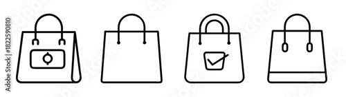 Line art shopping bag icons featuring money and checkmark symbols, ideal for retail and ecommerce design