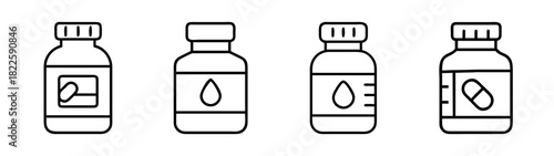 Medicine bottle and supplement container line icons set, featuring pills, capsules, and liquid drops