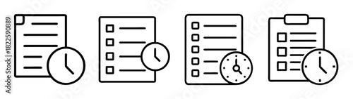 Outline icons of documents and checklists with clock, representing time management, task scheduling, and deadlines