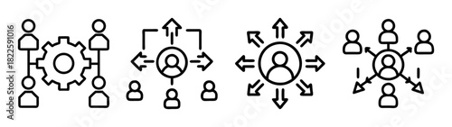 Outline icons for people connection, teamwork, communication, and network structures, symbolizing collaboration and interaction