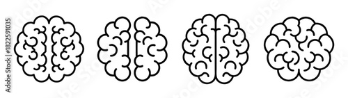 Four minimalist line art human brain icons, illustrating varying levels of cortical detail