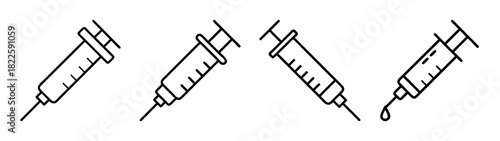Syringe line icons set for medical and healthcare purposes, representing injections, vaccinations, and drug delivery