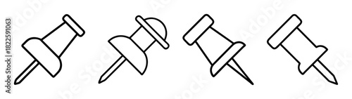 Set of four outline pushpin icons, simple line art thumbtacks for office, notice board, or memo concepts