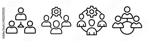 Set of line icons depicting various organizational structures, team collaboration, and management concepts