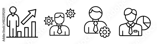 Business management and analytics line icons set featuring concepts of growth, settings, and data analysis for professional use