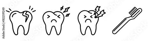 Line art icons depicting various dental problems including a cracked tooth, toothache, and a toothbrush for oral hygiene