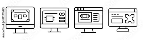 Collection of computer monitor line icons displaying various digital content, web pages, and application interfaces