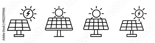 Solar panel icons set with sun and lightning, representing clean energy and sustainable technology