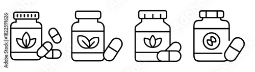 Line art icons of natural health supplements, vitamin bottles, and capsules, representing herbal medicine, wellness, and pharmacy