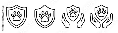 Collection of pet protection and animal care line icons, featuring paw print in shield and hands
